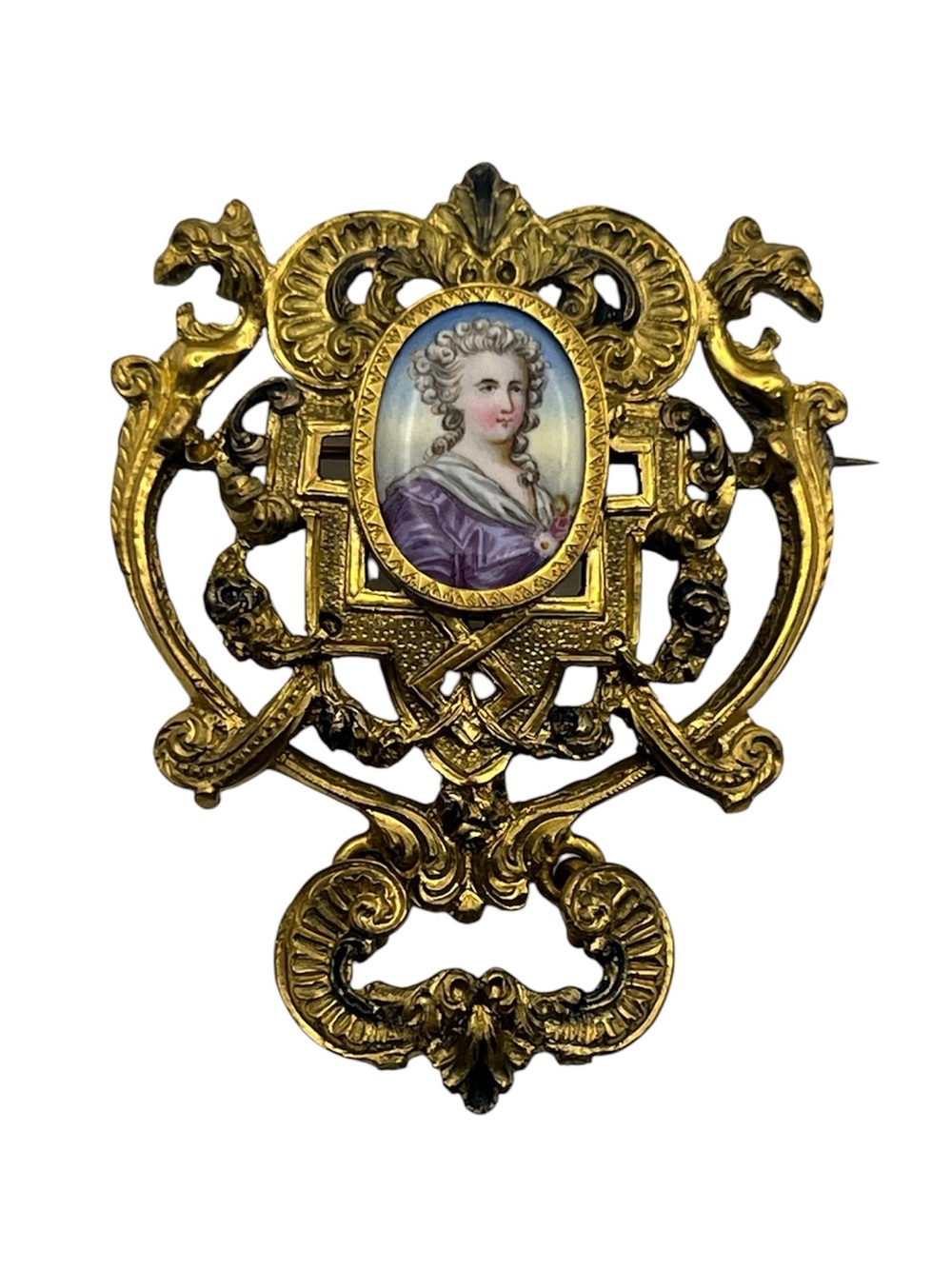 Antique French lady portrait painted gold tone ornate Victorian brooch pin
